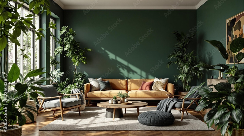 Poster a modern living room with a green wall, a brown couch, and numerous potted plants scattered througho