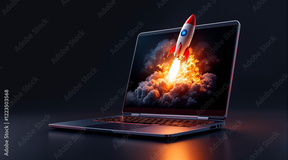 Poster a laptop with a rocket image on its screen against a dark background.