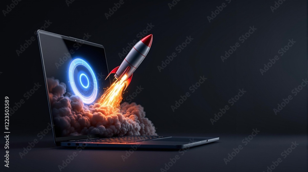 Poster a laptop with a rocketship coming out of the screen, symbolizing speed and power. the background is 