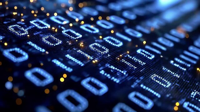 Abstract digital technology background with glowing blue binary code matrix pattern and golden light effects displaying modern computing infrastructure and data processing visualization