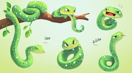 Naklejka premium Green snake characters set isolated on white background. Vector cartoon illustration of cute serpent mascots sleeping in hat, showing like and dislike banners, angry, hanging on tree branch in zoo