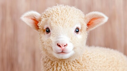 Fototapeta premium Cute lamb portrait, farm background, springtime