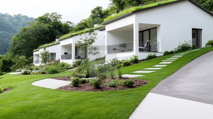 Modern green roof houses hillside view, landscaping