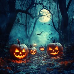 Naklejka premium Halloween pumpkins in the forest at night, 3d render