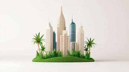 Tranquil Pixelated Cityscape with Lush Greenery and Palm Trees