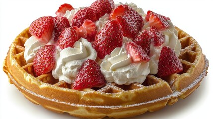 Golden Belgian waffle topped with strawberries and whipped cream served on a plate