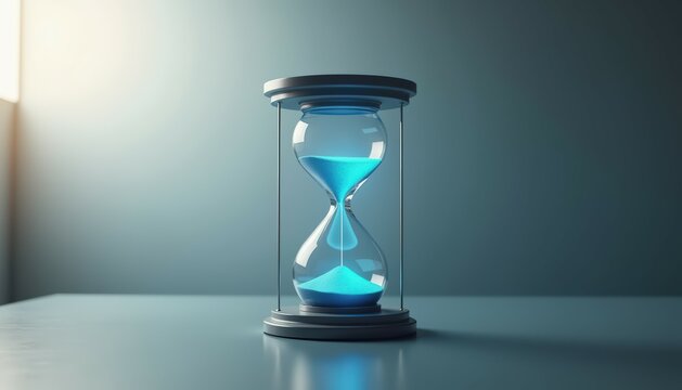 Digital style neon blue hourglass displayed on table, softly glowing against neutral background, illuminated by subtle backlight. Time management, transience and value of time concept. Copy space