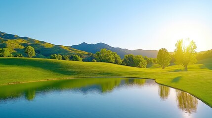 Tranquil Pond Reflecting Golden Sunlight in a Serene Hilly Landscape