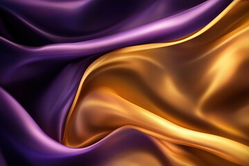Obraz premium Abstract background with colorful satin cloth waves, flowing golden and purple silk fabric, elegant wallpaper design.