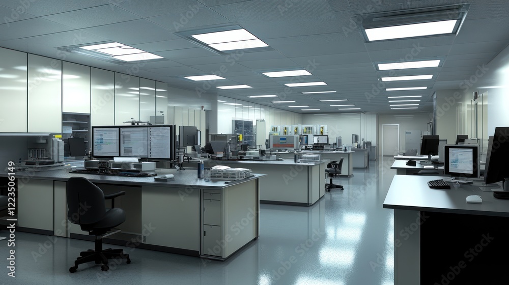 Poster modern scientific laboratory workspace with computers and equipment