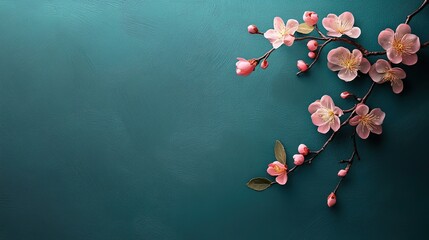 Pink Blossoms Branch on Teal Background