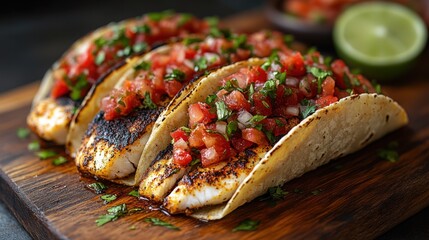Experience delicious blackened fish tacos served with fresh salsa on a wooden board