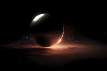 Floating Metallic Sphere in Dark Space. A sleek metallic sphere floating in the middle of dark space, surrounded by glowing particles of dust and distant stars.