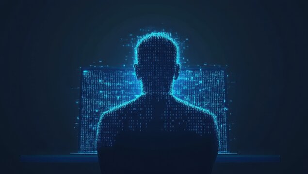 A hacker's silhouette on a computer screen, made of binary code Generative AI