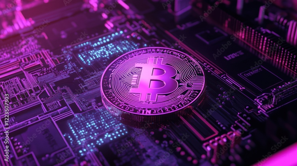 Poster bitcoin cryptocurrency on circuit board technology
