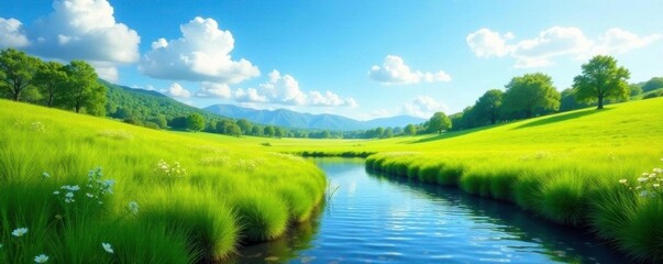 Serene meadow scene with rippling water and a blue sky, water, nature