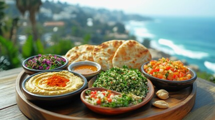 Fototapeta premium Lebanese mezze platter with arak overlooking the stunning Beirut coastline