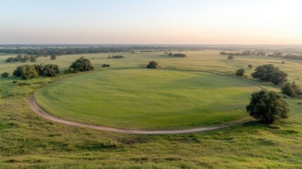 Fototapeta premium Sunrise over circular field, rural landscape, aerial view, agriculture