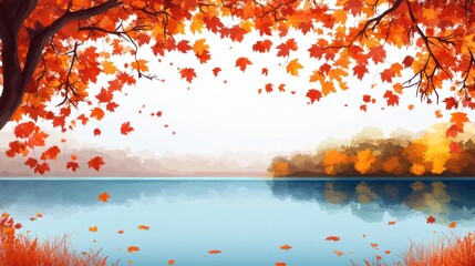 Autumn Leaves Falling Over Calm Lake Scene