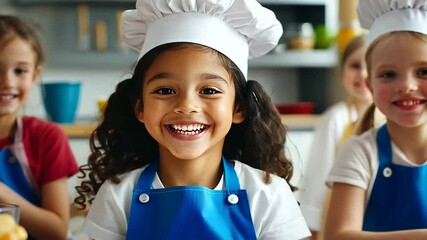 Smiling children taking turns at a toy kitchen stove