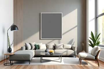 Modern living room with a large blank picture frame. Mockup poster frame in modern interior background, living room, contemporary style.
