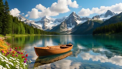 Obraz premium Mountain Scenery: Boat on Calm Lake Water, Canoe boat in the mountain lake wallpaper wooden canoe sits at the mountain lake beautiful background