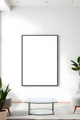 Modern living room with a large blank picture frame. Mockup poster frame in modern interior background, living room, contemporary style.