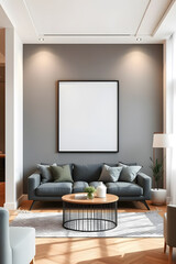 Modern living room with a large blank picture frame. Mockup poster frame in modern interior background, living room, contemporary style.