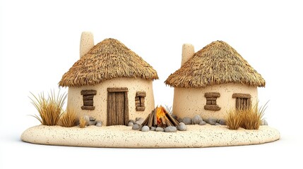 Two Rustic Thatched Huts on a Small Island, 3D Render