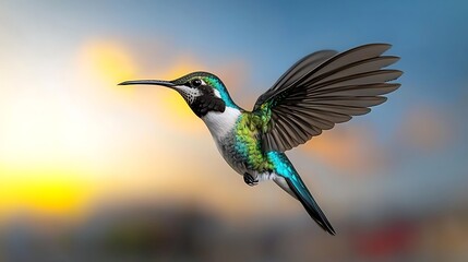 Fototapeta premium Hummingbird in flight, sunset background, nature scene, wildlife photography