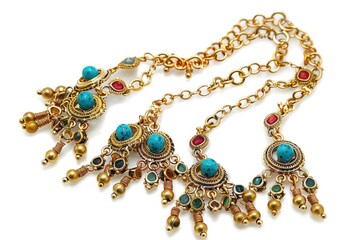 Obraz premium Elegant traditional jewelry featuring turquoise and red gemstones, crafted with intricate metalwork, displayed on a white background isolated on transparent background