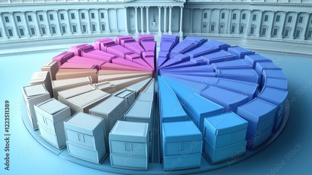 Poster Abstract Colorful Blocks Arranged In Circular Pie Chart Near Building