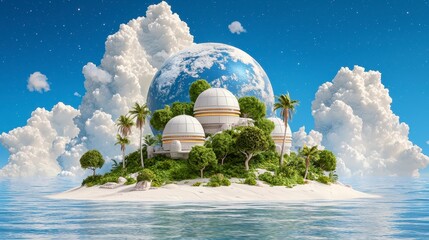 Utopian Tropical Island: Futuristic Domes and Lush Vegetation Under a Vibrant Blue Planet