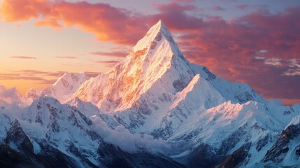 Majestic Snow-Capped Peak at Sunset: A Serene Landscape
