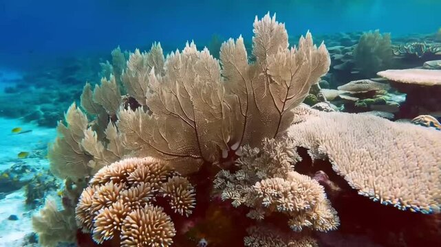 Bleached fire corals and Porites corals in clear ocean waters.