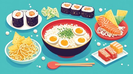 Rice in bowl, soup ramen with noodles and eggs. Traditional japanese food cooked from rice. Vector cartoon set with sushi, taiyaki fish, chips, dango, wagashi and mochi isolated on white background