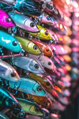 Colorful Fishing Lures Hanging In A Row