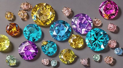 A variety of gemstones in different colors and shapes are spread across a gray surface, reflecting light and creating a stunning visual display that highlights their brilliance