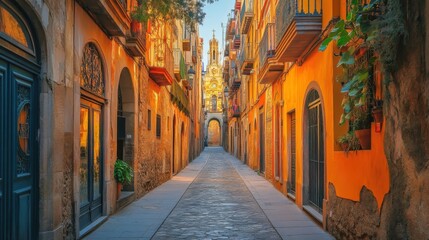 Gothic alleyway in Barcelona bathed in golden afternoon light