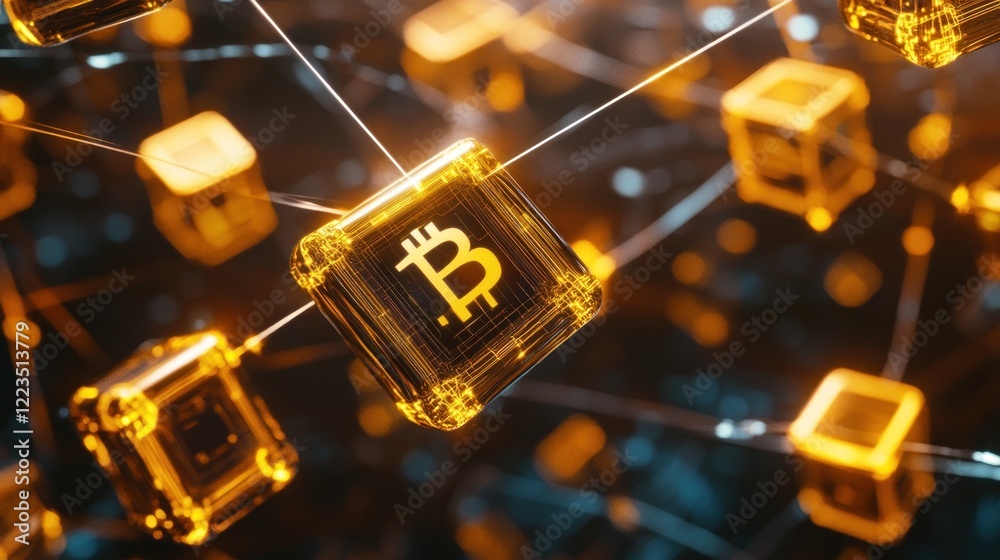 Poster Golden Bitcoin Cubes Network Blockchain Technology