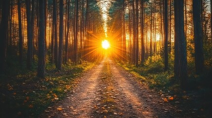 Obraz premium Sunset Pathway Through A Forest Of Tall Pines