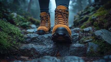 Feet in hiking boots ascend rugged stone steps through a mossy forest trail
