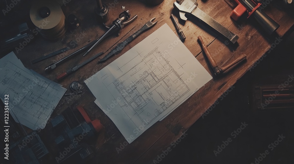 Aufkleber Architectural blueprints and tools lay on a wooden workbench