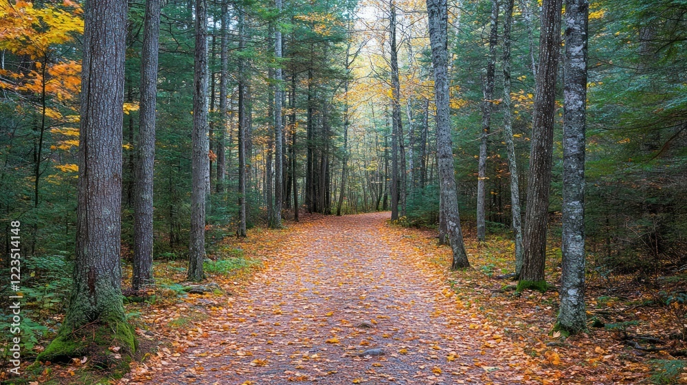 Aufkleber autumn path through a majestic forest of trees