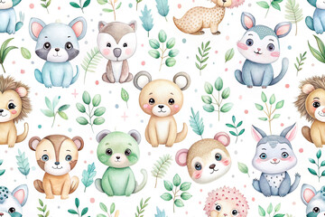 Adorable watercolor animal seamless pattern.