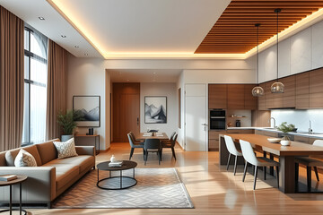 Fototapeta premium Modern open-concept living room with minimalist design, featuring neutral tones, sleek furniture, and a kitchen island. Large windows allow natural light to illuminate the space. Wall mock up.