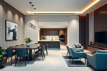 Modern open-concept living room with minimalist design, featuring neutral tones, sleek furniture, and a kitchen island. Large windows allow natural light to illuminate the space. Wall mock up.