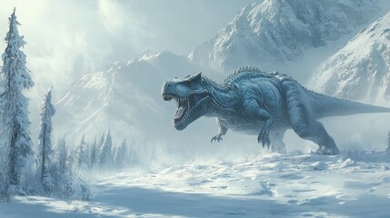 Obraz premium Dinosaurs in ice age. Animals extinction by cold in arctic winter. Vector cartoon prehistoric landscape with snow, frozen water and dino characters, ancient reptiles
