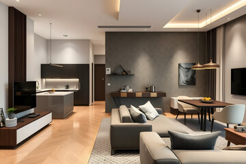 Fototapeta premium Modern open-concept living room with minimalist design, featuring neutral tones, sleek furniture, and a kitchen island. Large windows allow natural light to illuminate the space. Wall mock up.