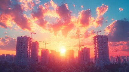 Fototapeta premium Brightly lit residential complex under construction with cranes against blue sky